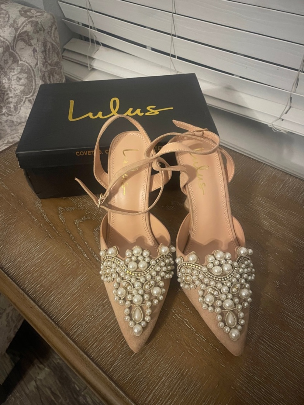 Lulu's Nude Pearl-Embellished Pointed Toe Ankle-Strap Heels
